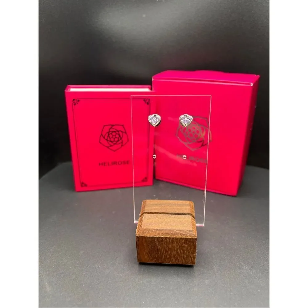 NIB! Helirose Lavender Purple Silver Tone Heart Shaped Stud Earring Gift Box